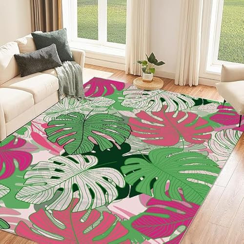 LHOMKCV Leaf Tropical Area Rug for Girls Room, 60x90cm, Artistic Pink Green Monstera Rug Easy Care Washable Indoor Carpet Non Slip Living Room Bedroom Dormitory Accent Carpets Durable Entrance Mat