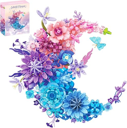 Moon Flowers Building Blocks Set, Botanical Collection Blossom for Wall Decor, Creative Floral Building Kit, Flower Bouquet Botanical Collection for Home Décor Gift for Adults, 977 PCS