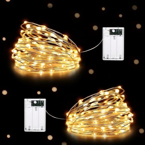 HeiPard Lichterkette Batterie 5m 50 LED, klein Lichterketten kupferdraht Innen Batteriebetrieben, 2 Modi für Garten Hochzeit Party Weihnachten Halloween Beleuchtung Deko (Warmweiß, 2 Stück)