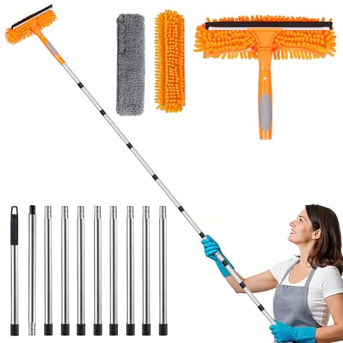 Nettoyeur de vitres avec tige télescopique de 4,5 m, kit de nettoyage de vitres 2 en 1, barre télescopique, balai de nettoyage de vitres avec manche télescopique, nettoyeur de vitres télescopique pour