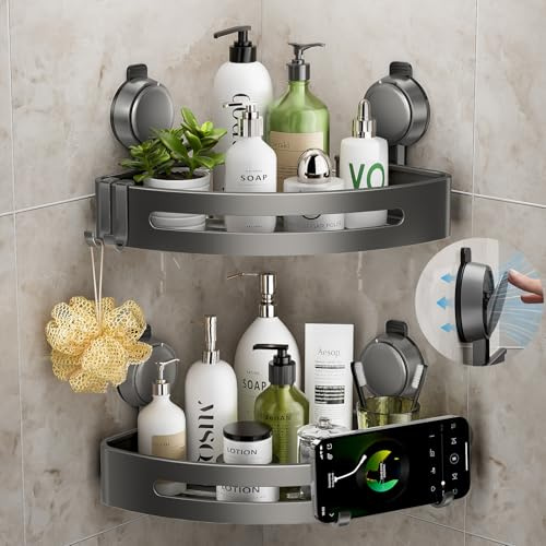 ONXE Corner Shower Caddy Suction Cup,Shower Shelves with Hooks,No Drilling Powerful Upgrade Suction Bathroom Corner Organizers and Storage,Removable Waterproof Rustproof Shower Shelf Bathroom Decor