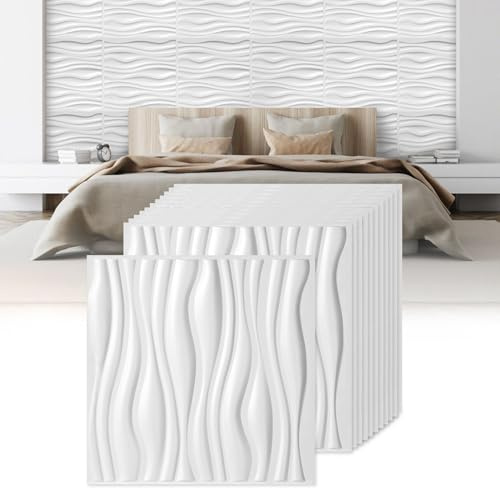 Jopassy Lot de 24 panneaux muraux 3D - 50 x 50 cm (6 m²) - Panneaux muraux 3D - Aspect vague - Panneaux décoratifs muraux en PVC - Imperméables - Résistants à la chaleur - Blanc mat