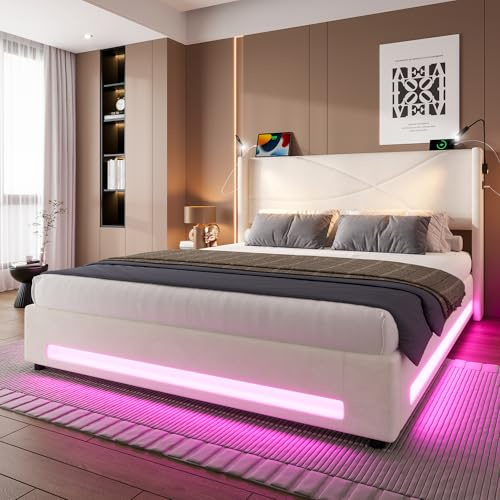 OKimmy Doppeltbett 140x200 cm Bettgestell mit 2 Leselampen und LED-Lichtleisten auf dem Kopfende, LED-Lichtleisten, USB-Anschlüssen, Hydraulischem Stauraum, Stabiler Lattenrost, Beige