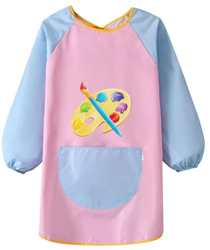FAYAHAR Delantales para Niños, Delantal de Pintura para Niños 7-11 Años, Delantales Cocina Niño, Impermeable y Antiincrustante, Bata Pintura Mangas Largas con Bolsillo, para Pintar Cocinar, Rosa