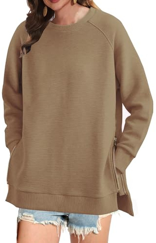 Koerye Felpa Oversize da Donna Oversize a Girocollo con Maniche Lunghe Pullover Top Moda Tinta Unita Hoodie Autunno Invernali Elegant Felpe con Zip Sweatshirt Marrone,S