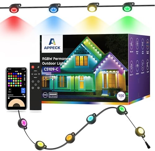 APPECK Permanente Außenbeleuchtung 30m mit 72 LEDs, Lichterkette Außen Haus | Smarte, Farbwechsel, IP65 Wasserdicht, RGBW, 111 Szenenmodi, für Tägliche Feiertag Dekoration, Kompatibel mit Alexa, Schwarz
