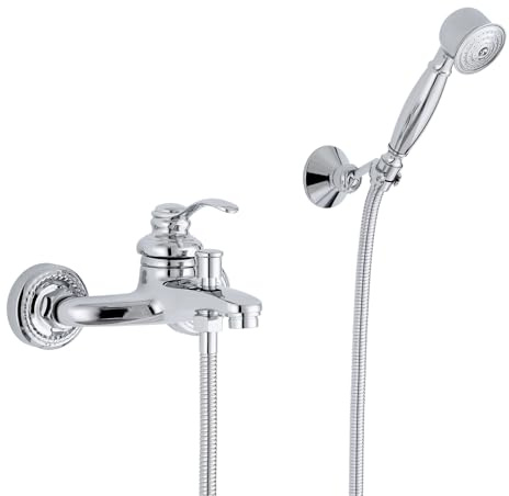 OUGOO Badewannenarmatur mit Handbrause, Retro Messing Einhebelmischer Chrom | Mischbatterie Badewanne mit Schlauch und Wandhalterung, Wandmontage Bad Armatur Dusche Antik Wannenarmatur für Badezimmer