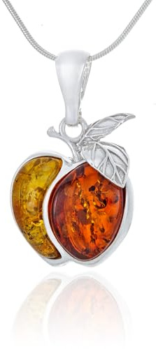 AMBEDORA Damer silverhalsband äpple med bärnsten, polerat sterlingsilver, tvåfärgad baltisk bärnsten, silverhänge på kedja