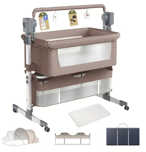 Aveainelle Babybett und Multifunktionales Kinderbett, Faltbare und Umwandelbare Babywiege, Verstellbare Beistellbett, Co-Sleeping Babybett und Rollen (Khaki)