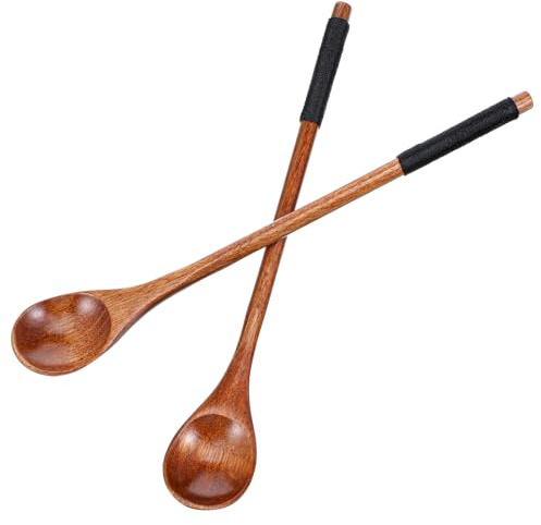 Yuanchu Honiglöffel Holz, 2 Stück 20cm Lange Löffel Holzlöffel Klein mit umwickeltem Griff, Mini Kaffee Rühren Suppenlöffel Teelöffel Dessert Mischen Honig Marmelade japanischen Stil Küchengerät