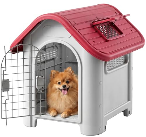 PawHut Niche pour Chien extérieur et intérieur, Double Porte en métal et Multi-Ventilation - Maison pour Chien en polypropylène imperméable - abri Jardin pour Petite Taille, Rouge et Gris Clair