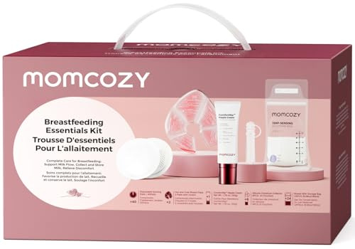 Momcozy Set per Allattamento al Seno da 73 Pezzi, Kit Post Parto e Borsa Parto per Neomamme con Coppette Assorbilatte, Cuscinetti Caldo/Freddo, Crema Capezzoli, Collettori Colostro e Sacchetti Latte