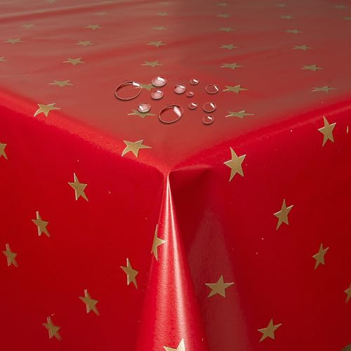 Wachstuch Wachstischdecke Weihnachtstischdecke Sterne Gold Sterne Rot Rechteckig 140 x 200 cm abwaschbare Tischdecke