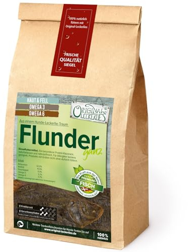 ORIGINAL LECKERLIES 10 Flundern ca. 400g Kauartikel, ganzer Fisch (20-30 cm) getrocknet, Fisch für grätenerfahrene Hunde, Kausnack ohne Zusätze, Naturprodukt für Hunde, barfen