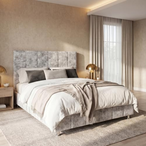 Vida Designs Valentina Double Bed Frame | Crushed Velvet Silver | 118 H x 144 W x 206 D cm | Upholstered Velvet Headboard | Slatted Base | Premium Bedroom Furniture
