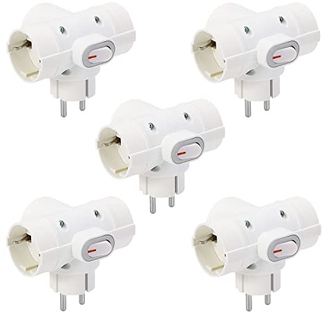 Aigostar - Adaptador Triple/Ladrón Triple de 3 enchufes Europeos con Interruptor de Encendido/Apagado. Enchufe de Pared. Blanco, Paquete de 5