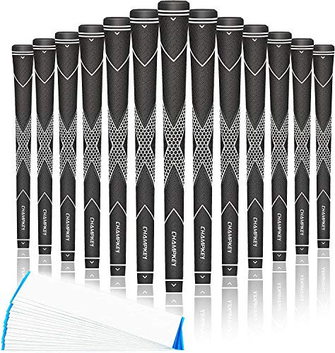 CHAMPKEY Premium Rubber Golf Grips 13 Pack | High Traction & Feedback | Standard/Midsize, 0.600 Round Core, 10.5 Length, 50g/55g Weight, 15 Tapes Included, White/Black