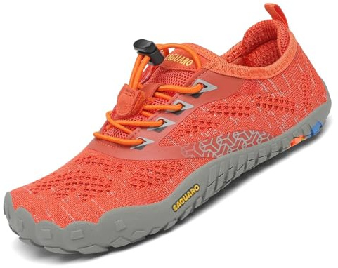 SAGUARO Zapatillas de Trail Niñas Calzado Descalzos Niños Zapatillas de Deporte Fitness Correr en Asfalto Transpirables Minimalistas Barefoot Zapatos Senderismo Antideslizantes Exterior Naranja 29 EU