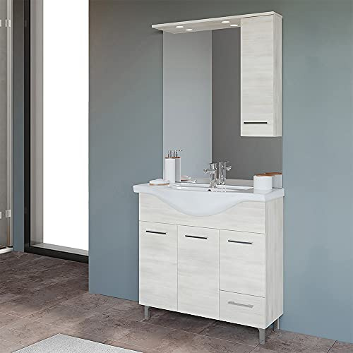 Inbagno Mobile Bagno a Terra Moderno, lavabo in Ceramica, Include specchiera con pensile e Illuminazione LED (Rovere Bianco, Larghezza 85 cm)