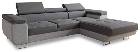 Ecksofa Divo mit Schlaffunktion, Bettkasten und Kopfteilverstellung, Polsterecke, Wohnlandschaft, Sofagarnitur, Couch, Sofa, Federkern (Grau + Dunkelgrau (Sawana 21 + Sawana 05), Ecksofa Rechts)
