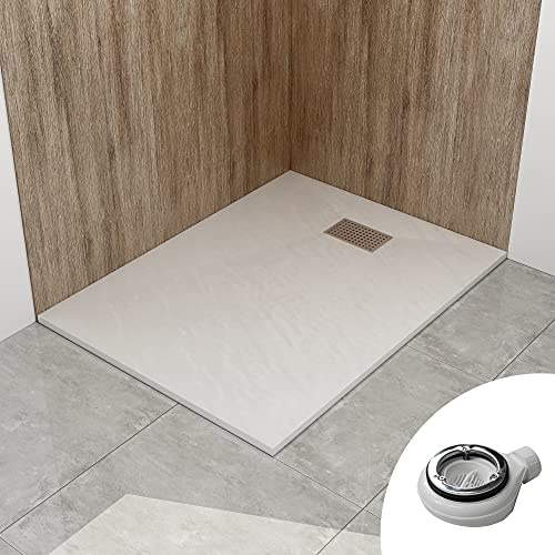 WITEN&NOCK SMC Duschwanne 120x90cm weiß Steinoptik mit Ablauf Ø90mm | 32 mm Extraflach Antirutsch Duschtasse mit Ø 90mm Siphon & Edelstahl Abdeckung，bruchfest, Vielseitige Montage, hygienisch