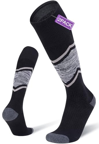 FITRELL 2 Pack Men's and Women's Ski Socks with Full Cushion Winter Thermal Knee High Warm Boot Socks for Skiing Snowboarding, Black, Medium