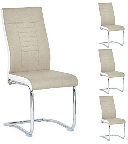 CARO-Möbel 4er Set Esszimmerstuhl ALBA Küchenstuhl Schwingstuhl, Stoffbezug in beige und weiß, Metallgestell in Chrom