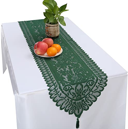 KYEYGWO Vintage Blumenmuster Spitze Tischläufer mit Quaste, Grün 178x33cm | Mittelalter Boho Tischwäsche Landhausstil Tischdecke Platzset für Esstisch Deko Hochzeit Weihnachten Party Geburtstag