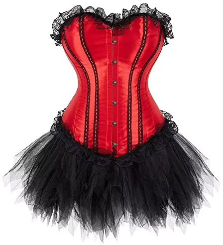 Josamogre Corset Femme Bustier avec Jupe Robe Tulle Sexy Corsets FR Dentelle Floral Bretelles Fermeture éclai Guêpière Lingerie Grande Taille Burlesque Rouge S