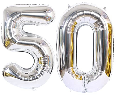 D2D | Party Balloon Zahl 50 XL in Silber - Größe: 80 cm - Geburtstagdeko - Folienballons - Zahlenballons - Goldene Hochzeit - Helium Ballons