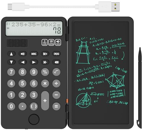 NEWYES Calcolatrice portatile con blocco note, grande display a 2 righe a 12 cifre, calcolatrice da scrivania ricaricabile ad energia solare per studenti scolastici e ufficio (nero)
