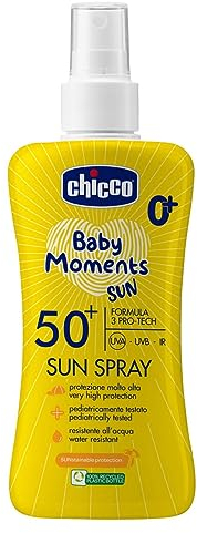Chicco Latte Spray SPF 50 +, Spray Solare ad Ottima Protezione, per la Pelle Sensibile del Bambino, Protegge dai Raggi Solari, Leggera e Resistente all'Acqua, Idratante, 150 ml