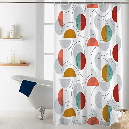 Sanixa U1801851 Duschvorhang Textil 180x200 cm Retro Kreise weiß bunt wasserabweisend waschbar Badewannenvorhang Vorhang Dusche Wanne hochwertige Qualität mit Ringen Metallösen