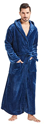 FashGudim plyschrock med huva för män med svart trim full längd plysch lång rock för män stora och höga varma fleece-badrockar husrockar, Marinblått Xsp, 4XL-5XL Plus Tall