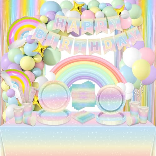 QUERICKY Decorazione per festa di compleanno arcobaleno pastello, Include striscione di Birthday, tovaglia, piatti di carta, tovaglioli, bicchieri, palloncini per feste di compleanno, per 20 persone