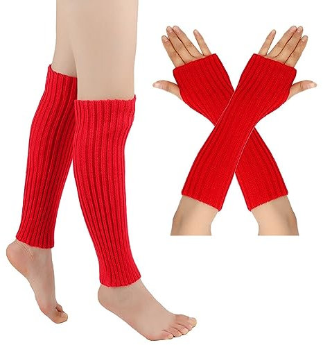 Damen Langer Beinstulpen und Armstulpen Set Winter Stricken Stulpen Beinsocken Beinwärmer Fingerlose Handschuhe Winter Arm Handwärmer Legwarmer Bein und Arm Stulpen für Yoga-Tanzen Ausübt Halten Warm