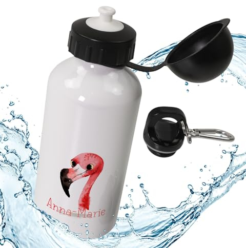 timalo® Aluminium Trinkflasche für Kinder personalisiert mit Namen | auslaufsichere Alu Sportflasche Kindergarten mit Tieren Geschenk für Jungen und Mädchen 400mLB3 | 16-Flamingo