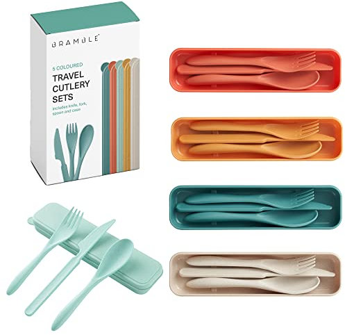 BRAMBLE - 5 Juegos de Cubiertos Portátiles Reutilizables, Cubiertos de Viaje para Llevar con Cuchillo, Tenedor, Cuchara con Estuche - Ideal para Niños y Adultos, Picnics, Camping - 5 Colores
