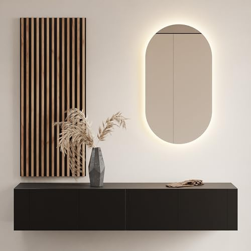 Planetmöbel Mueble de pasillo, guardarropa 1 x 160 cm, negro, panel de pared de 50 cm, roble dorado/antracita con espejo de 50 cm (sin led), 32,5 x 160 x 37,8 cm (alto x ancho x profundo)