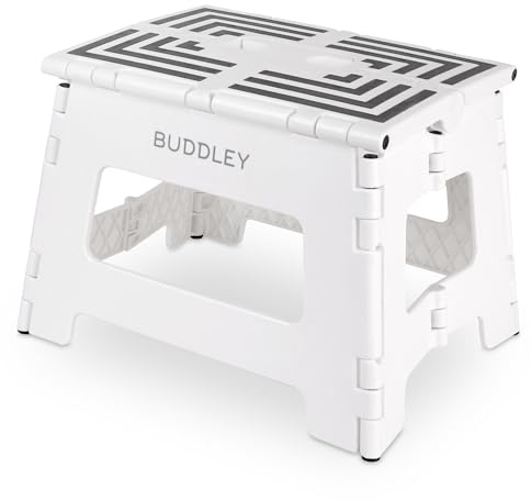 BUDDLEY Tritthocker klappbar – 23 cm hoher Tritt mit Anti-Rutsch-Design - Tragfähigkeit bis 99 kg - Klapphocker - ideal für Küche, Bad, Garage & Camping (Weiß/M)