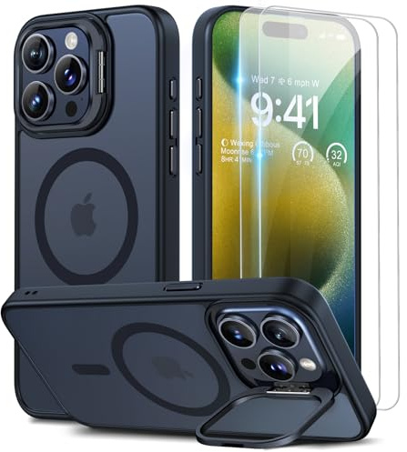 Beeasy für iPhone 15 Pro Max Hülle für MagSafe mit Ständer, Handyhülle mit 2 Stück Schutzfolie für iPhone 15 Pro Max Case Magnetische Stoßfest Schutzhülle Cover, Durchscheinend Matt Schwarz