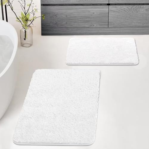ARRITS Badezimmerteppich Set 2 Teilig, rutschfeste Badematte Waschbar, Weich Badezimmermatte Wasserabsorbierend Mikrofaser Badematte Weiß, Hochflor Duschteppich für Dusche, Badewanne und Toilette