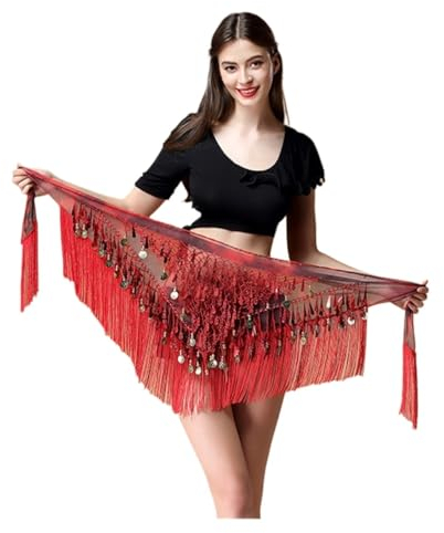 YMYGCC Hüfttuch Bauchtanz Frauen Gürtel Bauchtanz Schal Hüfte Bauchtanz Zubehör Pailletten Quaste Wrap Kostüm Gürtel Schal Chiffon Fransen Schal 889 (Color : Red, Size : One Size)