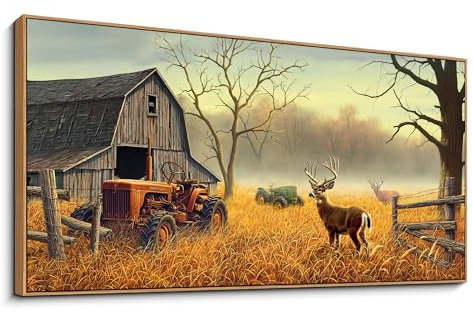 XLSJERST Hirsch-Wandkunst für Wohnzimmer, Leinwanddrucke, Dekoration, Hirsch, Traktor, Bauernhof, Wildtiere, Jagd, Bild, Glasoberfläche, Kunstwerk, fertig zum Aufhängen, für Schlafzimmer, Zuhause,