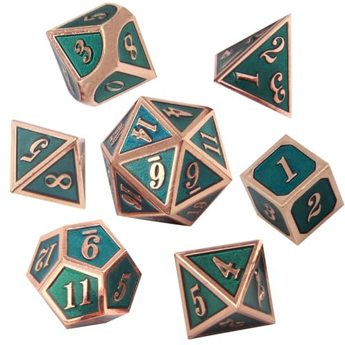 ORUZA 7 Stück DND Metall Würfel Set Kupfergrün Polyedrische D&D Würfel Set für Dungeons und Dragons RPG MTG TTRPG Pathfinder Rollenspiele Tischspiele