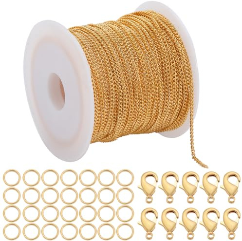SOFPLATE 33 Feet/10m 2mm Brass Curb Chain Links cable Link Chain Bulk with 20Pcs Lobster Claw Clasps & 50Pcs Jump Rings jewellery Set Gold Chain Spool for jewellery Making Supplies DIY Bracelet