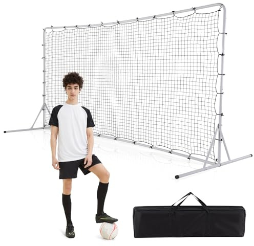 COSTWAY Portable Football Rebounder Net, 12ft x 6ft Soccer Training Equipment with Carry Bag and Ground Stakes, Metal Frame Soccer Goal Net for Backyard, Playground & Park
