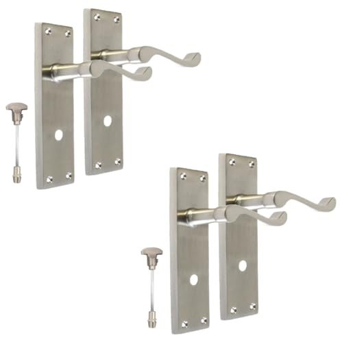 Epsom Door Handle Satin Bathroom Door Handle with Privacy Lock Set - Victorian Style Internal Thumb Turn Latch for Interior Doors Satin Nickel Door Handles Back Plate (2 Pair of Bathroom Handles)
