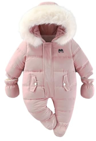 BRONG Bebé Invierno Traje de Esquiar Niño Lana Mameluco Encapuchado Mono Niña Cálido Cremallera Ropa de Calle con Guantes Rosa 12-18 Meses