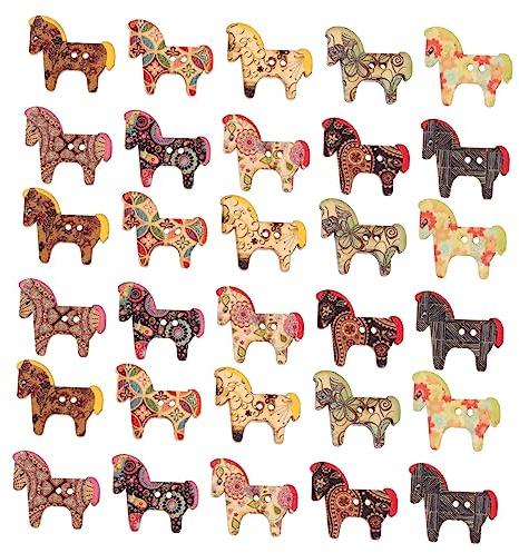 SEWOART 50 Stück Bunte Holzknöpfe mit Pony Motiv Zarte Mehrzweck Kleiderknöpfe aus Verschleißfestem Naturholz Selbstgemacht Bastelknöpfe für Pullover Mantel Nähen